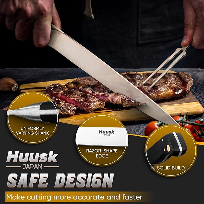 Huusk Turkey Carving Knife Set - Sharp Carving Fork & Knife for Meat, BBQ, Brisket - Japanese Slicing Knife with Elegant Box, Christmas Gifts for Men Women