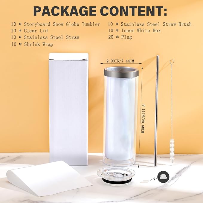 20 Oz Sublimation Storyboard Snow Globe Tumbler Cup, 10 Pack | innner stainless steel, outer acrylic, pre-drilled, double wall, snow globe cup, Sublimation Coating, individually boxed