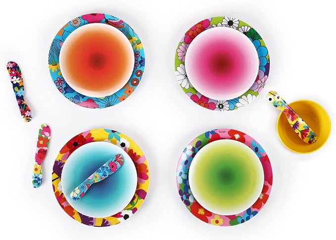 French Bull Assorted Plates - 4 Piece Set - 9 inch Melamine Salad Plates Set of 4 - Melamine Dinnerware for Indoor and Outdoor - Assorted Garden Floral