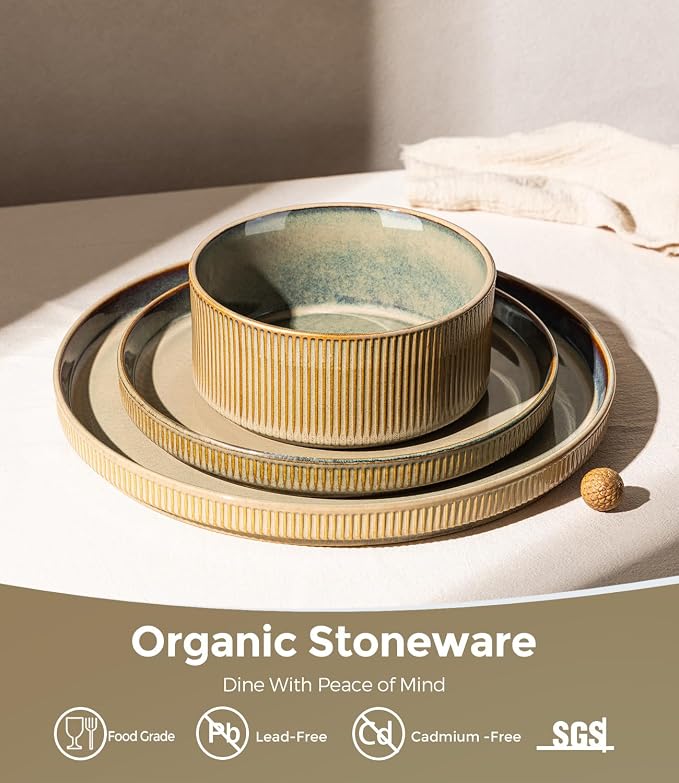 GBHOME Stoneware Dinnerware Sets for 4, 12 Pieces Lightweight Ceramic Ribbed Plates and Bowls Set, Reactive Glaze Stackable Plate Sets, Scratch Resistant Dishes, Microwave & Dishwasher Safe,Pale Khaki