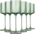 Sage Green Square Wine Glasses Set of 6, Elegant Ribbed Design Green Crystal Glassware with Long Stem, 11.5oz Hand Blown Red & White Wine Stemware For Home Dinner Party Wedding Housewarming Gift