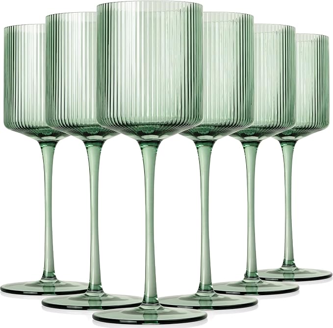 Sage Green Square Wine Glasses Set of 6, Elegant Ribbed Design Green Crystal Glassware with Long Stem, 11.5oz Hand Blown Red & White Wine Stemware For Home Dinner Party Wedding Housewarming Gift