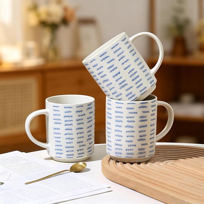 Coffee Mugs Set of 6, 17oz Ceramic Mugs with Handpainted Blue Gray Stripe Pattern, Modern Stackable Coffee Cups, Dishwasher and Microwave Safe Mugs for Home & Office (Horizontal Stripes)