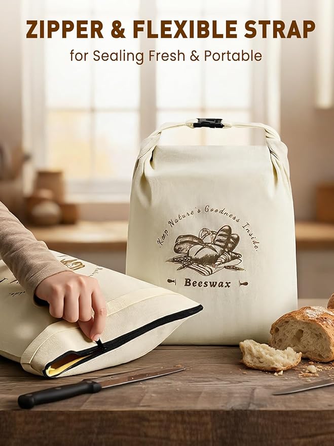 Weenkler Beeswax Bread Bag 2 Pack Reusable Linen Storage Bags with Zipper and Straps for Homemade Sourdough Loaf Breads XL Size