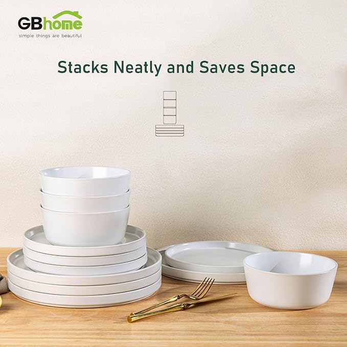 AmorArc Ceramic Dinnerware Sets for 4, Modern Flat Stoneware Plates and Bowls Sets,Chip and Crack Resistant | Dishwasher & Microwave Safe Dishes Set,Scratch Resistant- Service for 4 (12pc)-Matte White