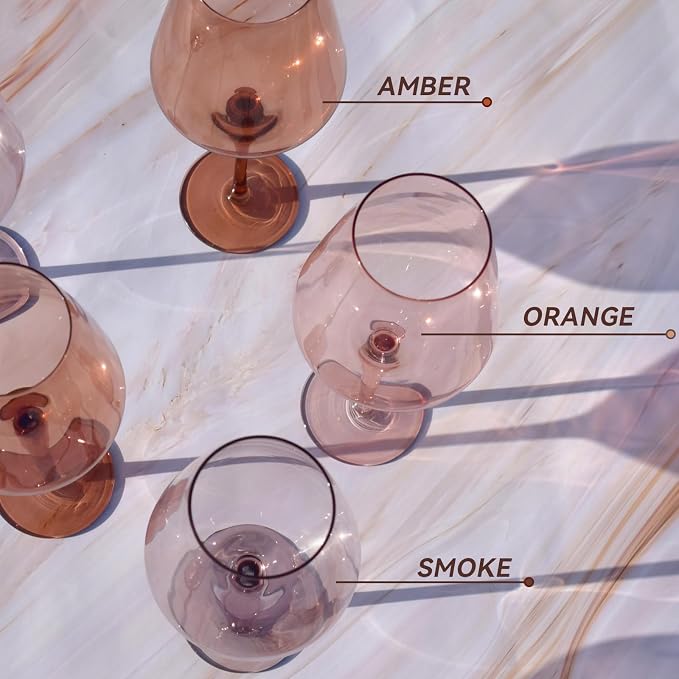 Colored Wine Glasses Set of 6, 19.5oz Stemmed Amber Wine Glasses, Brown Colorful Large Glasses with Long Stem, Hand-Blown, Ideal Gift For Daily Use, Special Occasions, Wedding, Anniversary