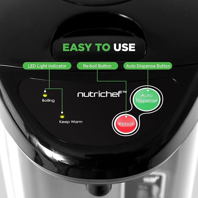 NutriChef 5.2 Qt Hot Water Dispenser with 5 Temperature Settings | Digital water boiler with 3 dispensing options, stainless steel interior, safety lock, and quick heating.