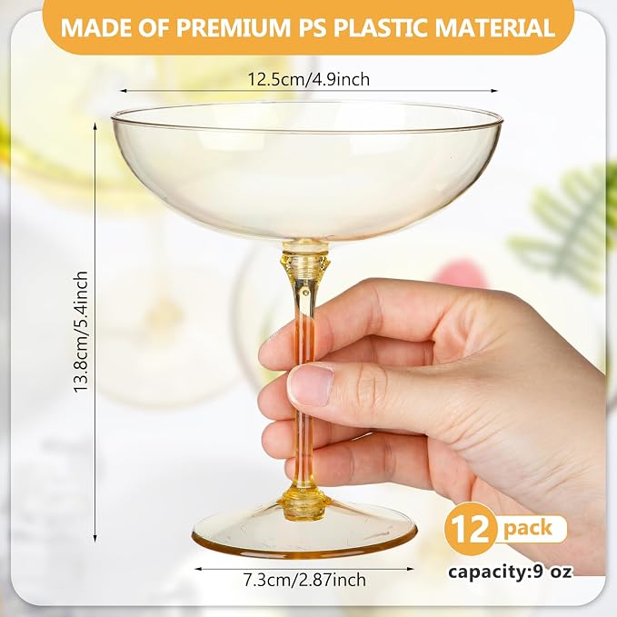 LemonRoad 12 Pcs Plastic Coupe Glasses 9 oz Disposable Martini Glasses for Cocktails, Champagne, Desserts and Espresso, Drinkware Set for Weddings, Birthday Parties, Home Bars (Gold)