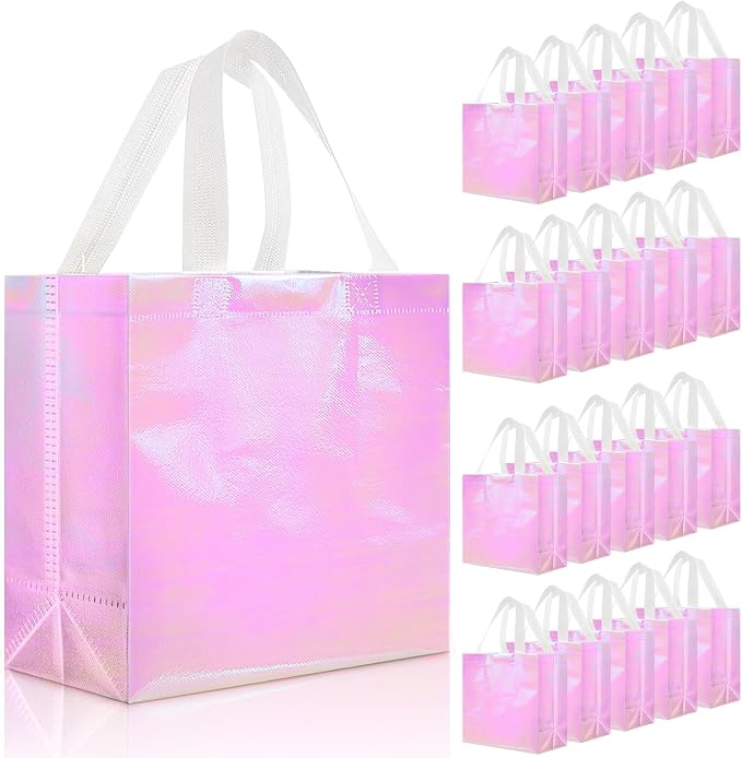 Eccliy Reusable Gift Bags Set Glossy Grocery Gift Tote Bag with Handle for Wedding, Bridal Shower, 4th of July, Summer Event(12 x 11 x 4.7 I Inch,Holographic Pink,60 Pcs)