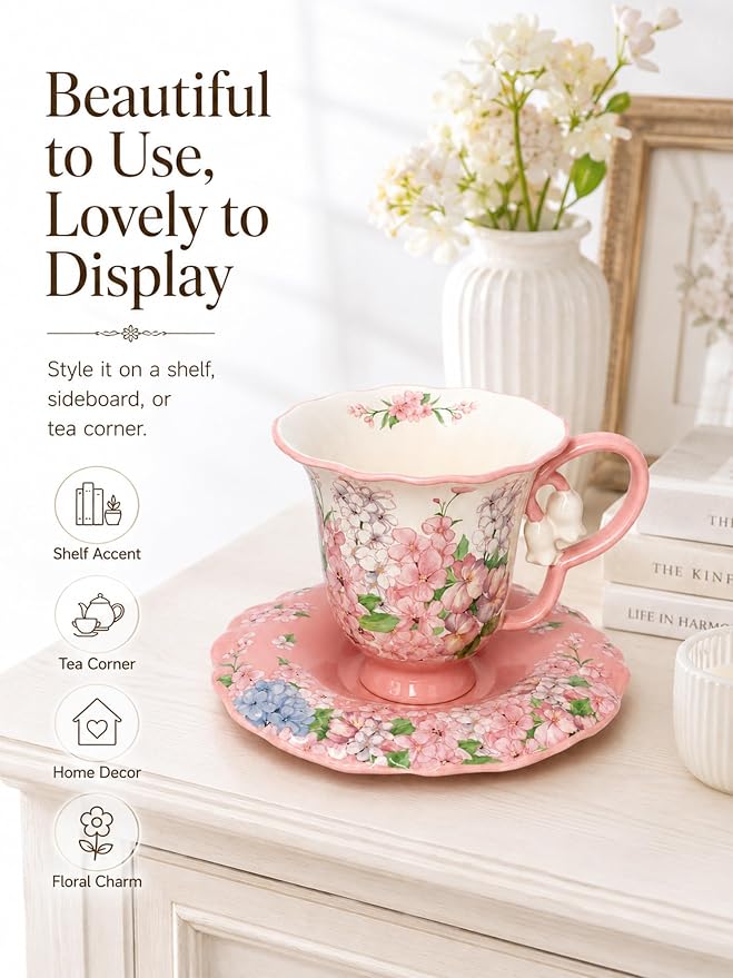 Tea Cup and Saucer Set with Spoon, Porcelain Flower Tea Cup with Saucer, Cute Vintage French Style Coffee Cup Gift Set with Box for Women and Tea Parties