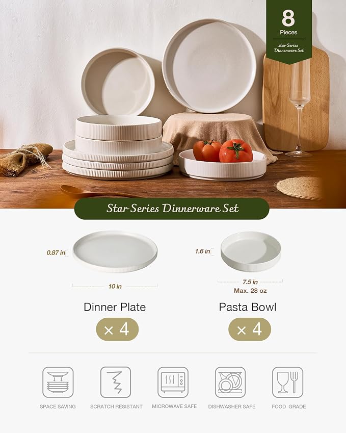 Famiware Star 8-Piece Stoneware Dinnerware Sets for 4 – 23 oz Shallow Pasta Bowls and 10.5" Flat Dinner Plates, High Edge Dishes, Chip & Scratch Resistant, Microwave & Dishwasher Safe, Matte White