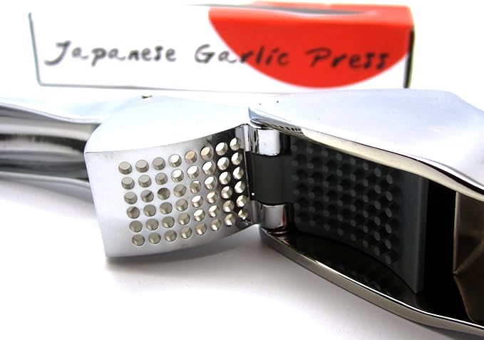 Japanese Garlic Press - Stainless Steel Garlic Press with Built-In Cleaning Tool - Garlic Mincer Spring Loaded Scraper- Kitchen Gadget Essentials - Peeler for Unpeeled Garlic Cloves - Dishwasher Safe