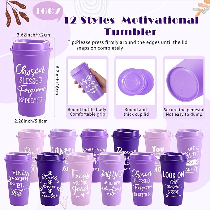 Skylety 12 Sets/48 Pcs Employee Appreciation Gifts 16oz Inspirational Plastic Cups Spiral Notebooks Ballpoint Pens Keychains Bulk Thank You Cup for Employee Coworker (Gradient Purple)