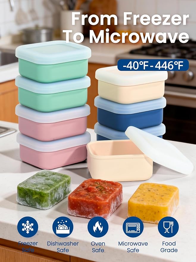 8PCS 1/2 Cup Silicone Freezer Molds with Lid, Silicone Soup Freezer Molds Meal Prep Containers, 1/2 Cup Portions Cubes for Freezing Sauces, Ice Cream, Meal Prep