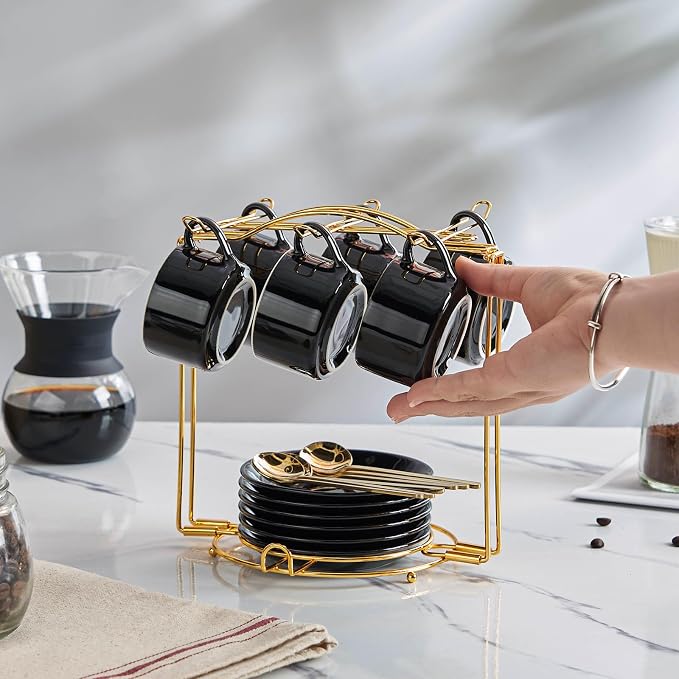 YOLIFE Espresso Cups with Saucers Set and Gold Metal Stand, 2.5oz Expresso Shots Cup with Stand & Saucers, Ceramic Coffee Espresso Cups Set of 6, Black