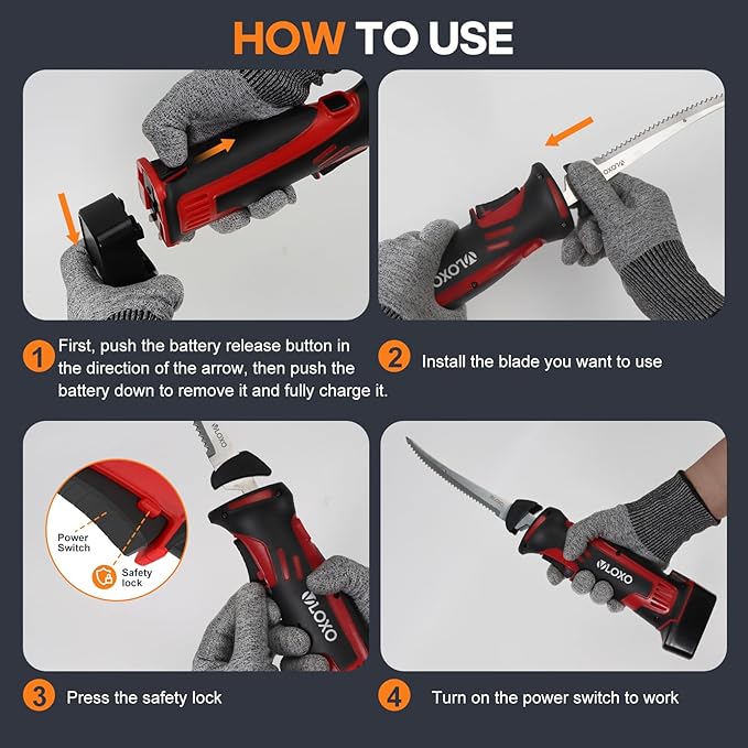 VLOXO Electric Fillet Knife-Cordless Electric Carving Knife with 2 Stainless Steel Blades Safety Lock Non-Slip Grip Rechargeable Electric Knives for Meat Slicing Turkey Bread Fish Includes Storage Case