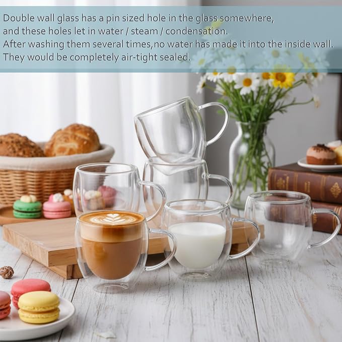 Didaey 16 Pack 8 oz Glass Coffee Mugs Clear Insulated Glass Espresso Coffee Cups with Handle Cafe Mugs Set Borosilicate Glassware Cups for Tea Latte Hot Iced Beverages