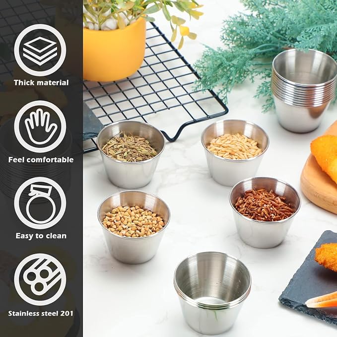 Mimorou 2.5oz Metal Ramekin Stainless Steel Sauce Dipping Cup Ramekin Sauce Container Round Dipping Bowl Condiment Cup for Dish Butter Kitchen Restaurant Serving Party Dinner Cooking