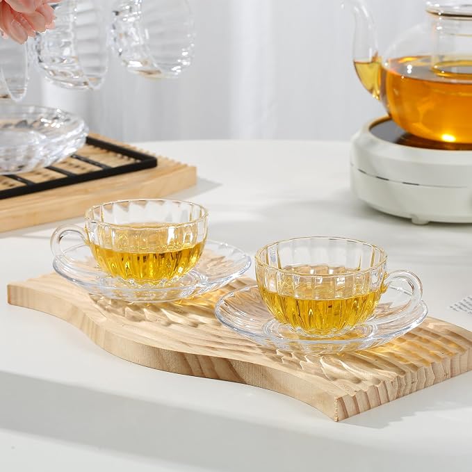 Glass Tea Cups and Saucers Set of 6, Clear Coffee Mugs with Stainless Steel Spoon, Dishwasher & Microwave Safe Teacups for Espresso Cappuccino Latte Tea Juice, 6OZ/180ML
