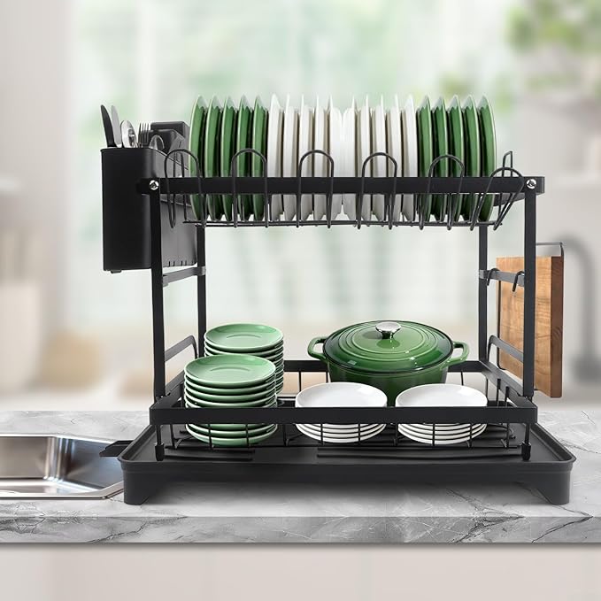 2 Tier Dish Drying Rack Large Extendable Dish Racks for Kitchen Counter or Over Sink Dishrack with Drainboard 2-in-1 Anti-Rust Dish Drainer with Utensil Holder(Black)