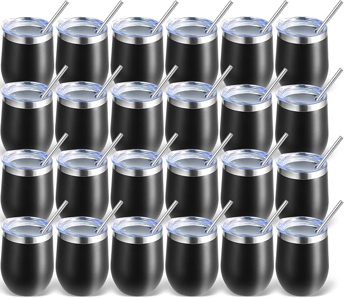 Volhoply 12oz Stainless Steel Wine Tumbler with Lid Bulk 24 Pack,Double Wall Vacuum Stemless Wine Glasses,Reusable Metal Travel Coffee Mug with Straw,Insulated Cups Gifts for Christmas（Black,24 Set）