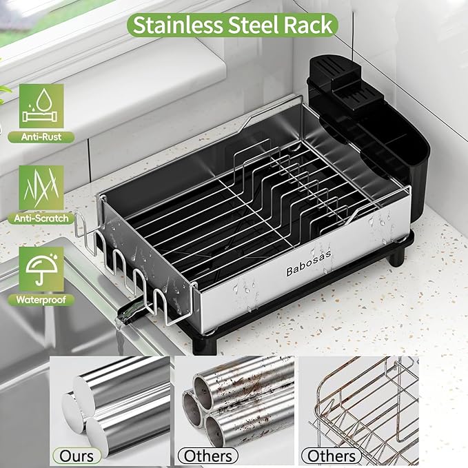 Dish Drying Rack,Large Capcity 304 Stainless Steel Dish Rack for Kitchen Counter,Dish Drainer with Drainboard Set and Utensil Holder & Detachable Cup Shelf,Rustproof Multifunctional Organizer Black