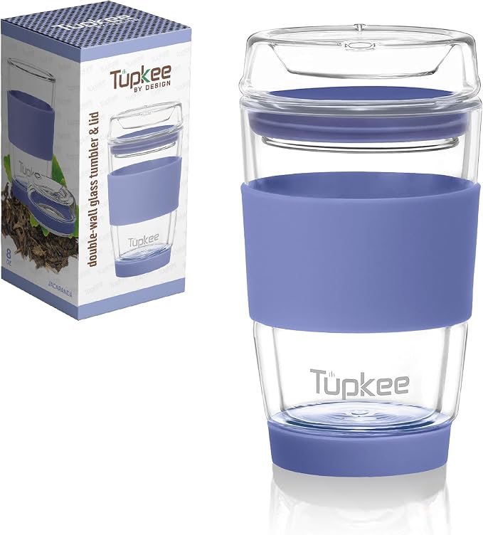 Double Wall All Glass Tumbler - 8-Ounce, Reusable Insulated Tea/Coffee Mug & Lid, Hand Blown Glass Travel Mug - Jacaranda - 2 Pack