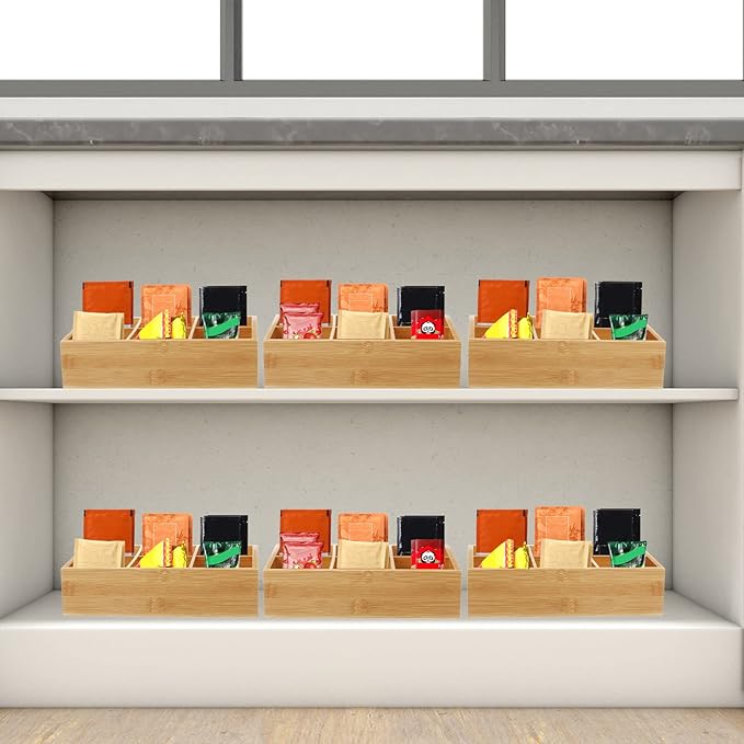 Maitys 4 Pcs Bamboo Divided Storage Organizer Bamboo Container with 6 Compartments Food Storage Bin Wooden Tea Drawer Box Bin Holder Case for Snacks Tea Bags Coffee Sugar