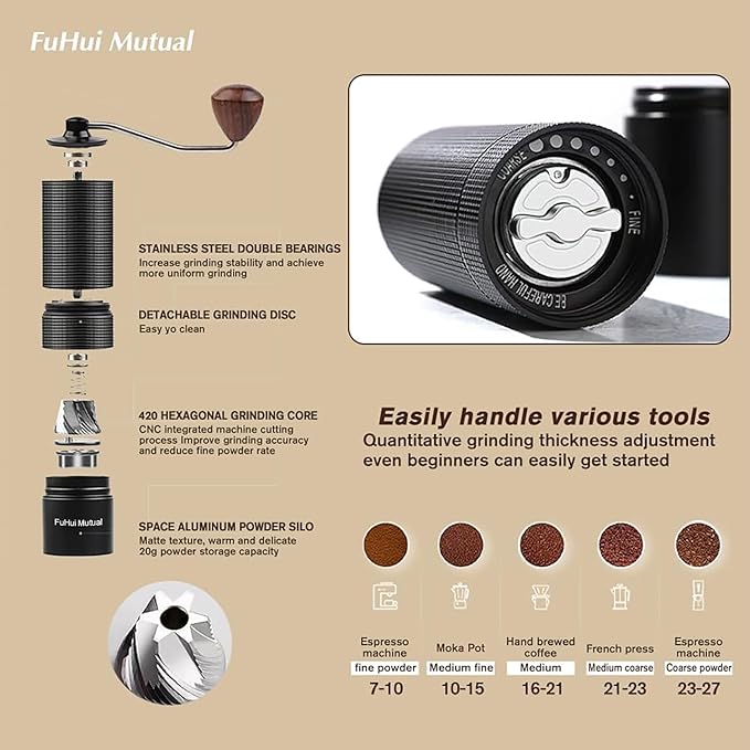 Manual Coffee Bean Grinder with Adjustable Coarseness, CNC Stainless Steel Conical Burr 6 Core, Portable Hand Coffee Bean Mill For Home Use and Camping Travel Black