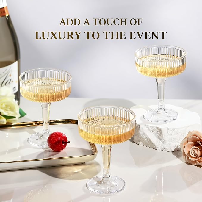 Goodluck 4-Tier Champagne Glasses - 20 PCS 7oz Clear Plastic Champagne Flutes, Plastic Coupe Glasses with Vertical Stripes for Weddings, Celebrations, Parties & Birthdays