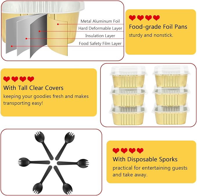 5oz/80pack Foil Mini Cake Baking Pans with Lids,LNYZQUS Small Disposable Ramekins Cupcake Tins Muffin Baking Cups,Aluminum Square Brownie Pan Mini Cheesecake Containers-Gold