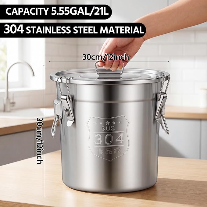 Suclain 3 Pcs 21L 304 Stainless Steel Airtight Canister Large Stainless Steel Food Storage with Locking Lid Metal Leak-proof Container for Pantry Organization Rice, Flour, Oil, Water
