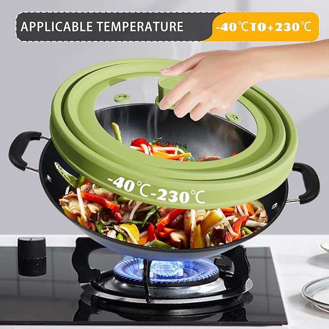 Microwave Splatter Cover, Vented Silicone and Glass Cover Splatter Guard Lid, Food Collapsible Plate Cover Lid with Easy Grip Handle. (Green, 11.8 inch)
