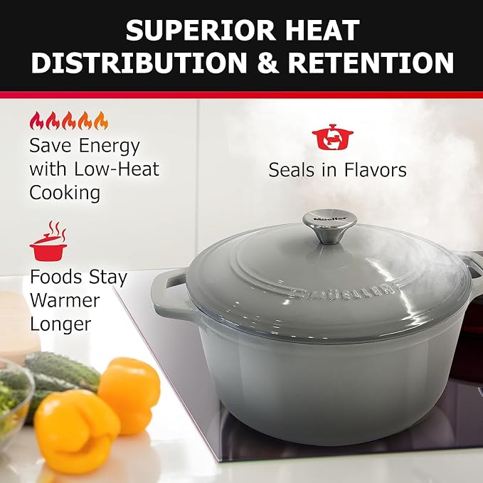 MUELLER HOME 7.5 QT Enameled Cast Iron Dutch Oven, Heavy-Duty, Oven-Safe up to 500° F & Across All Cooktops, Casserole Dish and Braiser Pan with Lid and Stainless Knob, Grey