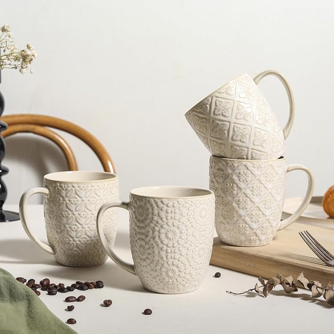 Coffee Mugs Set of 4, 16 Oz Ceramic Coffee Mugs, Large Porcelain Embossed Cups for Cocoa, Tea, Milk, Mocha, Cappuccino, Microwave & Dishwasher Safe, Comfort Handle, 3.5 x 4.5 inch