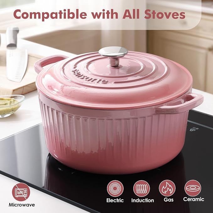 SENSARTE Enameled Cast Iron Dutch Oven Pot with Lid 3.5/5.5/6.5 Quart Heavy-Duty Round Dual Handles Kitchen Pot with Cotton Potholders & Silicone Trivet, Pot for Bread Baking, Stews, Braising, Roasting, Oven Safe, 6.5 Quart, Pink