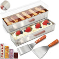 Blushtier 2 Pc Nonstick Rectangle Tiramisu Cake Pan with Acrylic Lid and 2 Metal Spatula Removable Frame 304 Stainless Steel Cake Baking Molds for Tiramisu Cheesecake Mousse (11.81 x 3.94 x 2.56 Inch)