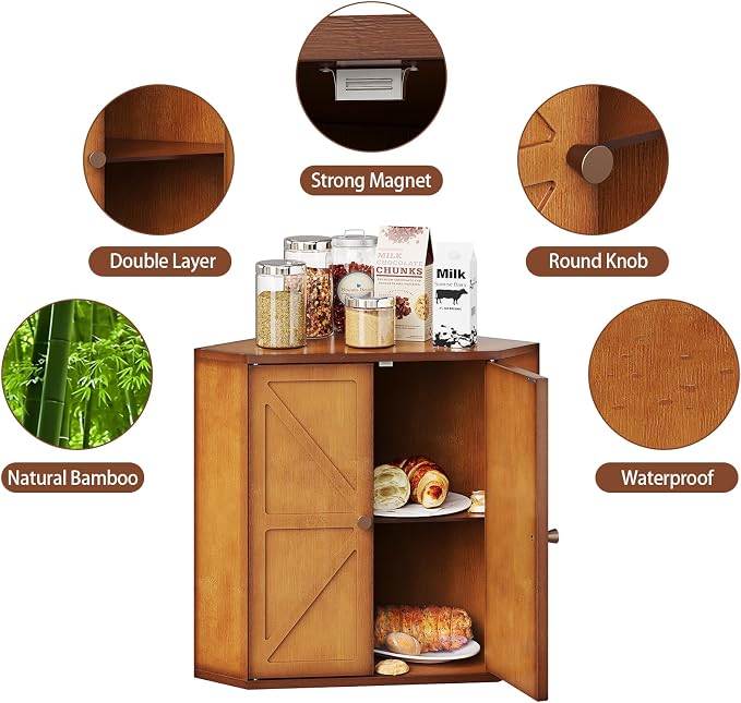 Trironsun Corner Bread Box for Kitchen Counter Double Layer Bamboo Bread Storage Container Large Capacity Bread Storage Bin Farmhouse Breadbox Organizer (Antique Brown)