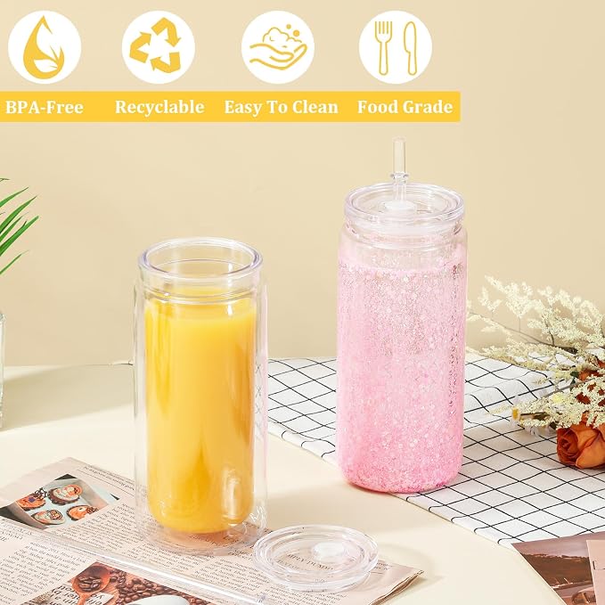 20 Oz Acrylic Snow Globe Tumbler, 20 Pack Pre-Drilled Double Wall Plastic Snowglobe Cup for Glitter Snow Globe Diy, with Clear Lid