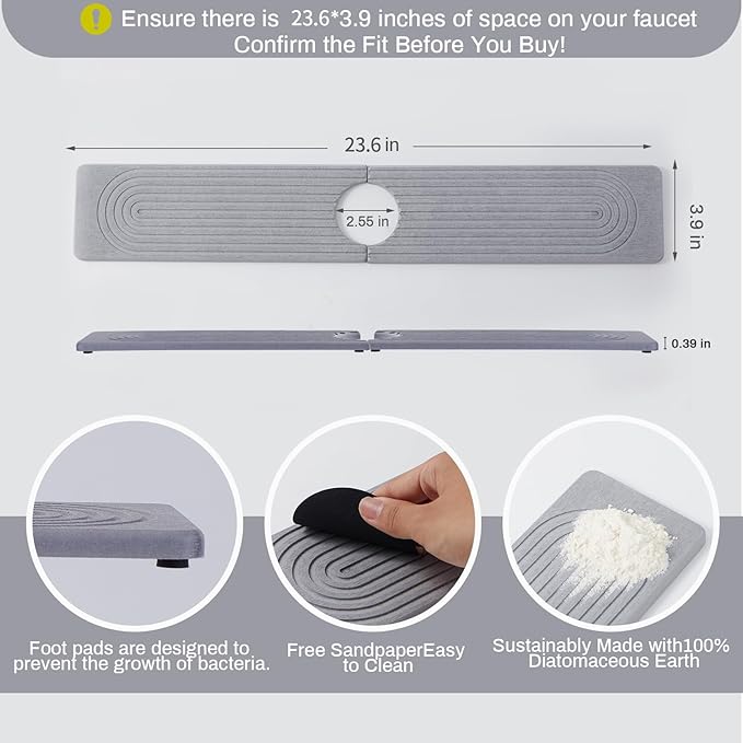 Stone Faucet Mat for Kitchen Sink, Faucet Mat Fast Drying Diatomite, Sink Splash Guard Water Absorbing Stone Tray for Sink, Counter Protector for Kitchen & Bathroom