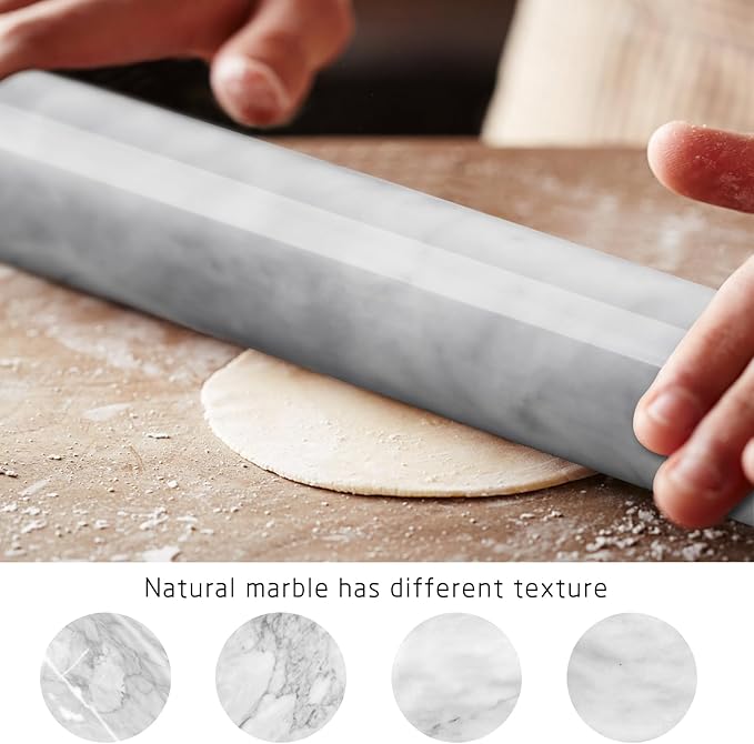 Marble Rolling Pin with Stand, 15.7" White Stone French Heavy Polished Non Stick Cookie Pizza Pastry Dough Baker Roller for Kitchen Baking
