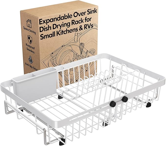 MAJALiS White Dish Drying Rack Over The Sink with Utensil Holder | Expandable Stainless Steel Dish Drainer for Small Kitchen, Apartment, RV, Counter Space Saving, Perfect Fit, Rustproof