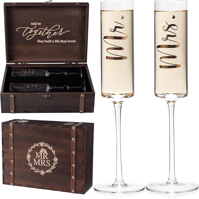 Physkoa Engagement Gifts for Couples-Toasting Mr and Mrs Champagne Glasses with Keepsake Box– Bride and Groom Champagne Flutes for Wedding Engagement Bridal Shower