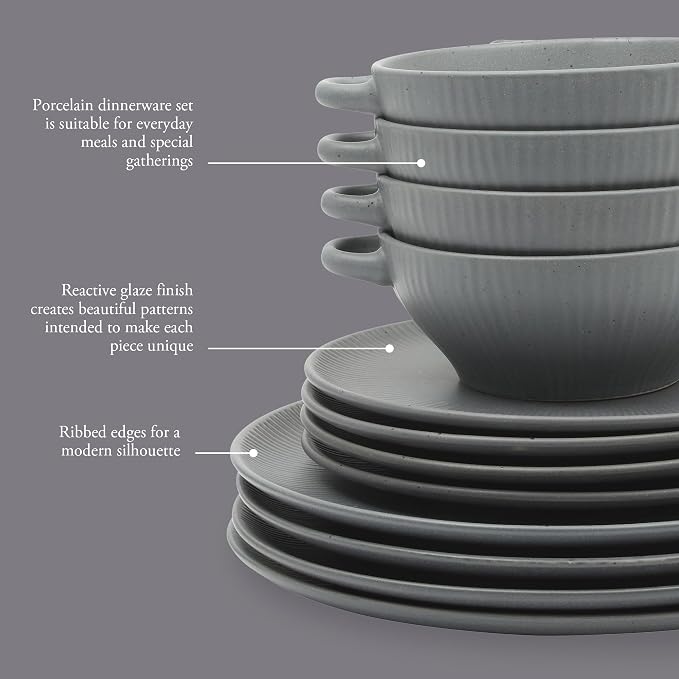 Gibson Elite Clover Hill 12-Piece Stoneware Dinnerware Set – Dark Blue Embossed Plates and Bowls with Matte Speckled Reactive Glaze, Service for 4 – Microwave & Dishwasher Safe