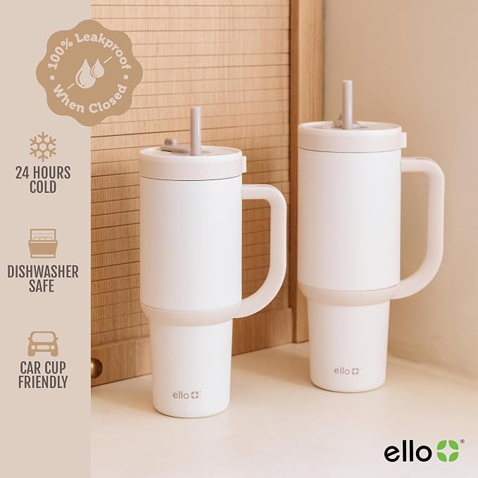 Ello Oasis 40 oz Tumbler with Handle & Retracting Straw | Reusable Insulated Stainless Steel Cup 100% Leakproof, Gifts for Teens Women Men | Keeps cold for 24 Hours, Cup Holder Friendly, Cream Tonal