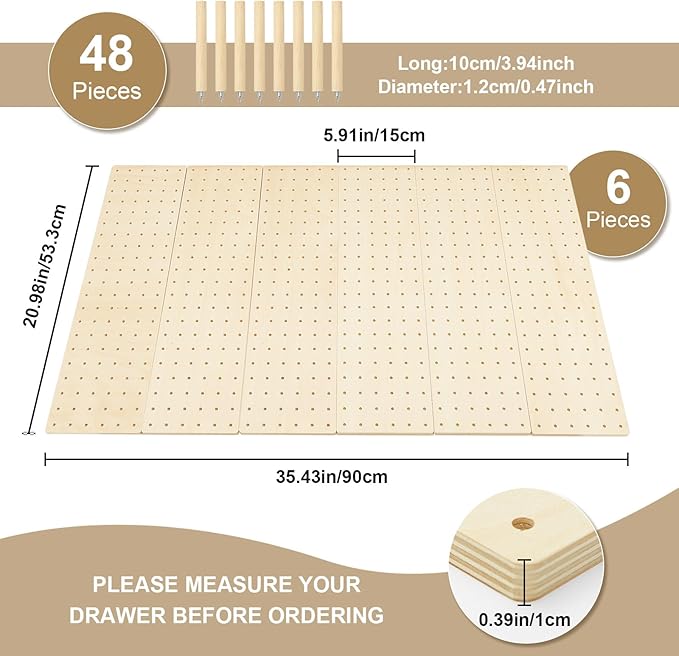 Kigley 6 Pcs Wood Pegboard Drawer Organizer with 48 Pegs Wooden Peg Board System Peg Drawer Organizers for Kitchen Dishes Plate Pegboard Food Containers(20.98x5.91,Wood)