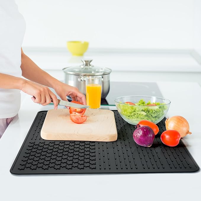 AWINNER Silicone Electric Stove Cover Mat,Ceramic Stove Heat Resistant Glass Cooktop Flat RV Range Stovetop top Protector,XL Dish Drying Mats for Kitchen Stars Stripes Design (Silicone Black, 28"x20")