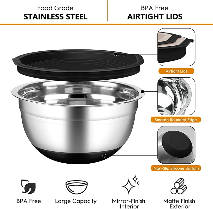 CHAREADA Mixing Bowls with Airtight Lids, 18pcs Stainless Steel Nesting Colorful Mixing Bowls Set Non-slip Silicone Bottom, Size 4.5, 3.6, 2.7, 2.1, 1.7, 1.1, 0.7 qt, Fit for Mixing & Serving (Black)