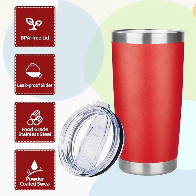20oz Tumbler with Lid Stainless Steel Insulated Tumblers Travel Coffee Tumbler Bulk Double Wall Vacuum Insulated Water Cup Gifts for Christmas Women Men Her Him Home Office(Red, 4pack)