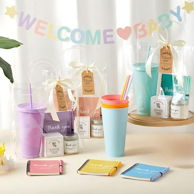 Nuogo 6 Sets New Parent Shower Prizes for Player Winners Adult, Wedding Bridal Shower Gift, Plastic Tumbler Notebook Scented Candle Ballpoint Pen Bag (Colorful,Classic Style)